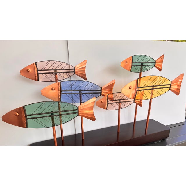 Copper Vintage Leaded Slag Glass and Copper School of Fish Sculpture Styled After Curtis Jere For Sale - Image 8 of 11