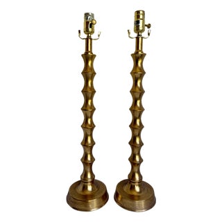 Pair of Contemporary Chinoiserie Faux Bamboo Brushed Gold Table Lamps For Sale