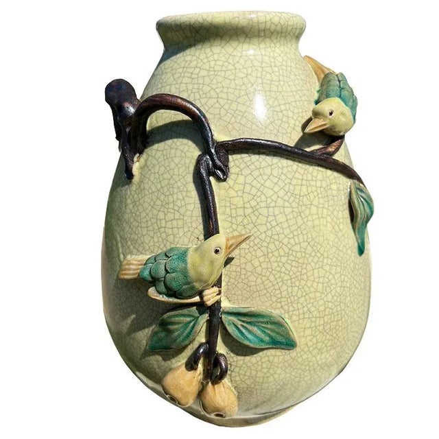 Chinoiserie Chinoiserie Famille Jaune Yellow Craquelure Vase With Bird & Olive Branch Motif For Sale - Image 3 of 5