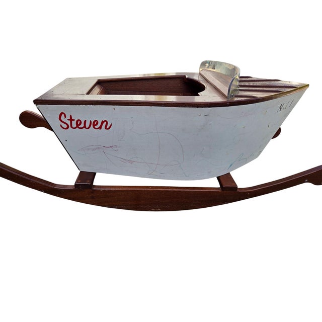 Folk Art Vintage Folk Art Speedboat Mahogany Runabout Boat Rocking Horse Chris Craft Style For Sale - Image 3 of 18