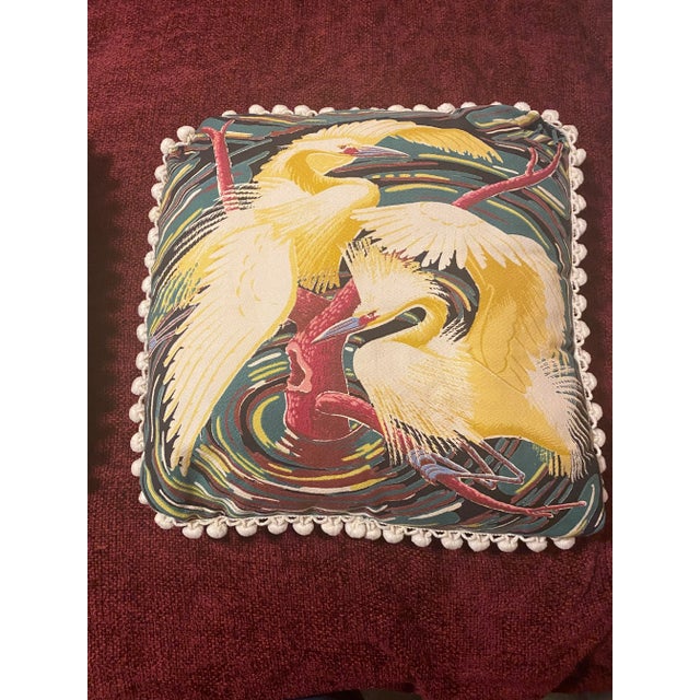 1970s Vintage Tropical Egrets and Palm Leaves Pillows with Pom Pom Trim - a Pair For Sale - Image 5 of 13