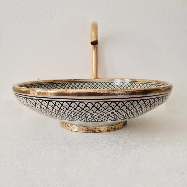 Contemporary Contemporary Linda Hand Painted Round Pottery Sink Bowl With Brass Accents For Sale - Image 3 of 6
