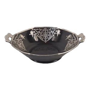Vintage Art Nouveau Sterling Silver Overlay Black Class Handled Center Bowl