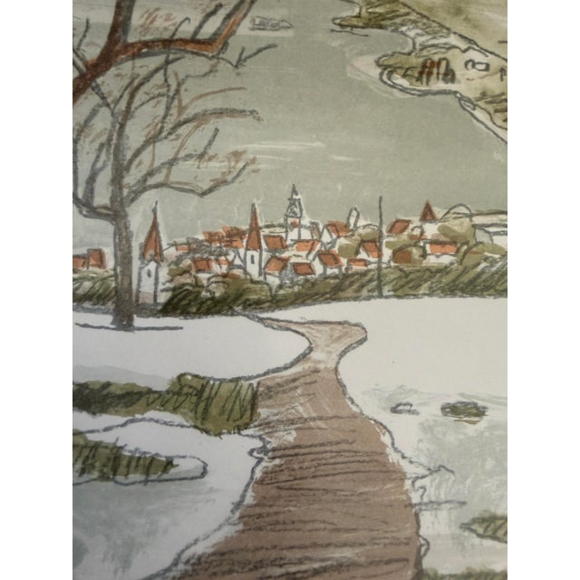 Folk Art Late 20th Century Signed Original Art Print Winter Village Scene For Sale - Image 3 of 6