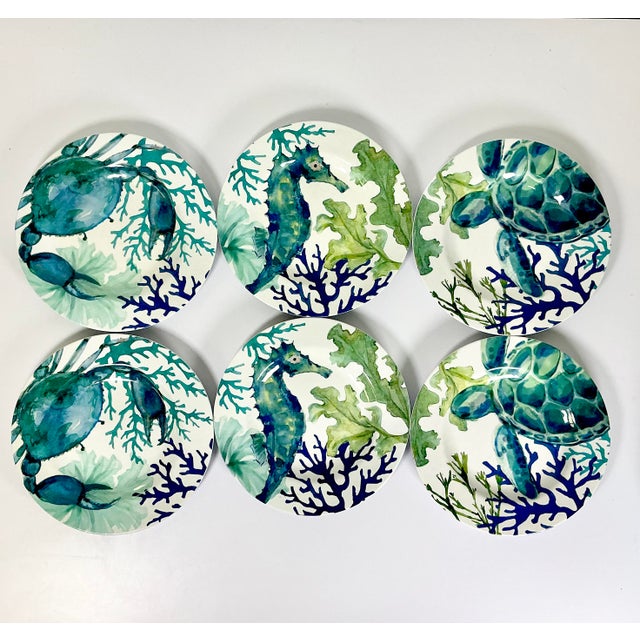 Plastic Late 20th C Boho Chic Coastal Melamine Sea Creatures Salad Plates & Bowls - Set of 12 For Sale - Image 7 of 15