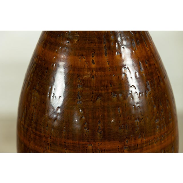 Large Artisan Ceramic Vase with Textured Amber-Brown Glaze and Teardrop Form For Sale - Image 9 of 18