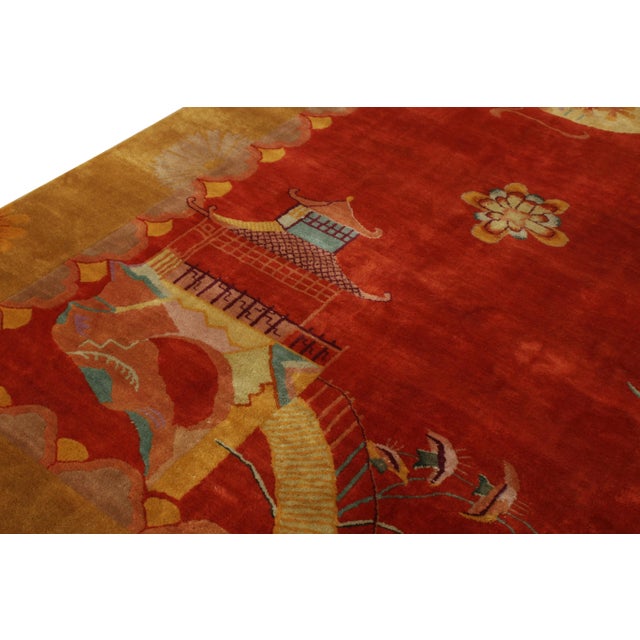 Hand-Knotted Vintage Chinese Art Deco Rug, Red and Gold Pictorial Pattern For Sale - Image 4 of 6