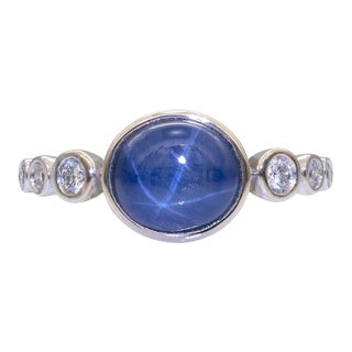 2.6Ct Star Sapphire Cabochon Ring With Natural Diamond Accents: Solid 14k Gold, Size 6.75 For Sale