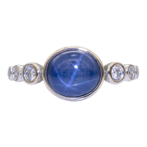 2.6Ct Star Sapphire Cabochon Ring With Natural Diamond Accents: Solid 14k Gold, Size 6.75