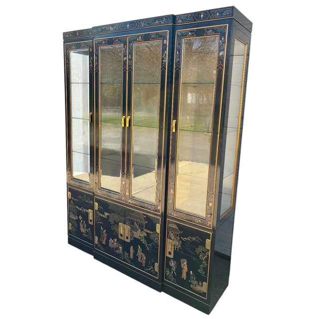 Vintage Asian Chinoiserie Drexel Hand Painted Breakfront Display China Cabinet Heritage Dynasty For Sale - Image 16 of 18