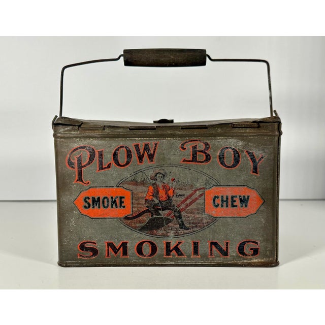 Antique Plow Boy Chewing Smoking Tobacco Lunch Pail Tin For Sale - Image 4 of 10