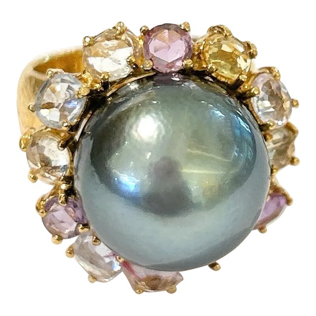 Bochic “Orient” Tahiti Pearl & Multi Color Sapphire Ring Set in 18k Gold & Silver Size 7 For Sale