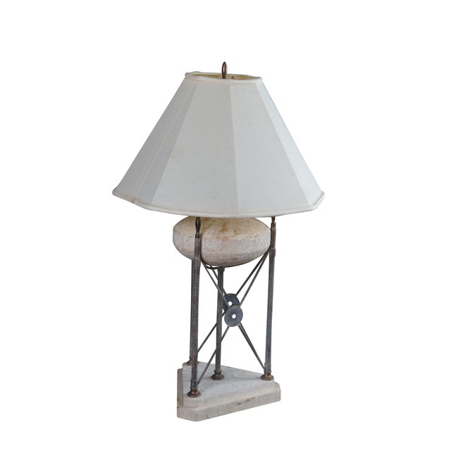 French Vintage Neoclassical Directoire Style Travertine Stone & Iron Buffet Table Lamp For Sale - Image 3 of 11