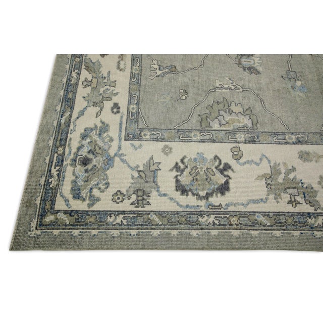 Modern Early 21st Century Gray Floral Design Handwoven Wool Turkish Oushak Rug 8'11" X 9'9" For Sale - Image 3 of 8