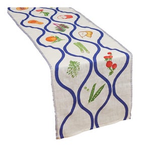 Still Life Fruit & Vegetables Blue Linen Embroidered Ribbon Runner (Size: 15” x 85”) For Sale