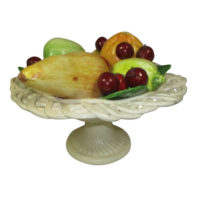 Vintage Ceramic Hand Crafted and Painted Pedestal Bowl of Fruit For Sale