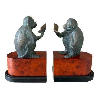 Vintage Maitland-Smith Style Bronze Patina Monkey Bookends on Burl Wood Bases – Pair For Sale