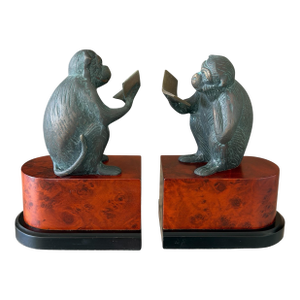 Vintage Maitland-Smith Style Bronze Patina Monkey Bookends on Burl Wood Bases – Pair