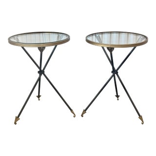 Neoclassical Style Round Arrow Tipped Metal and Glass Side Tables-a Pair For Sale