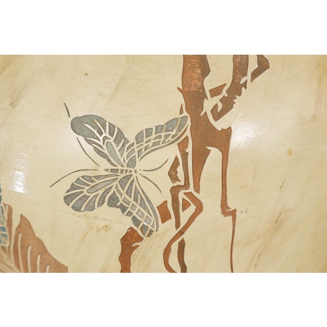 Japanese Antique Mustard Glaze Ceramic Planter with Incised Butterfly Decor For Sale - Image 10 of 12
