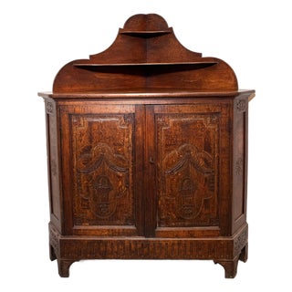 Antique Carved Oak Corner Cabinet with Shelved Top For Sale
