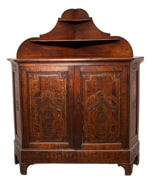 Antique Carved Oak Corner Cabinet with Shelved Top