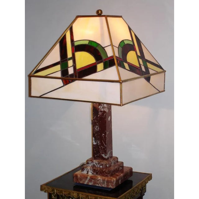 Art Deco Table Lamp in Marble and Stained Glass, 1920s For Sale - Image 4 of 6