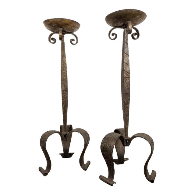 Antique Brutalist Gothic Wrought Iron Candlesticks, Set of 2 For Sale