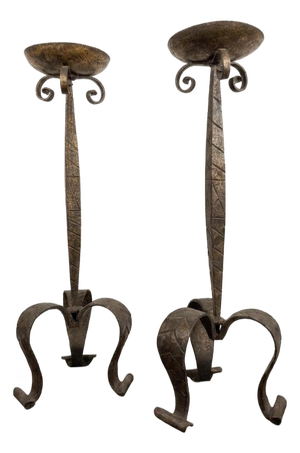 Antique Brutalist Gothic Wrought Iron Candlesticks, Set of 2