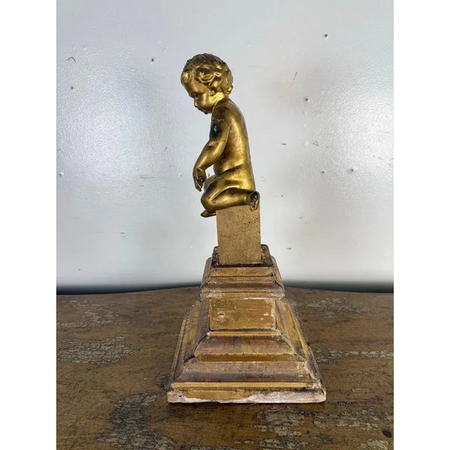 Wood 19th Century Italian Giltwood Cherub on Carved Plinth Base For Sale - Image 7 of 10