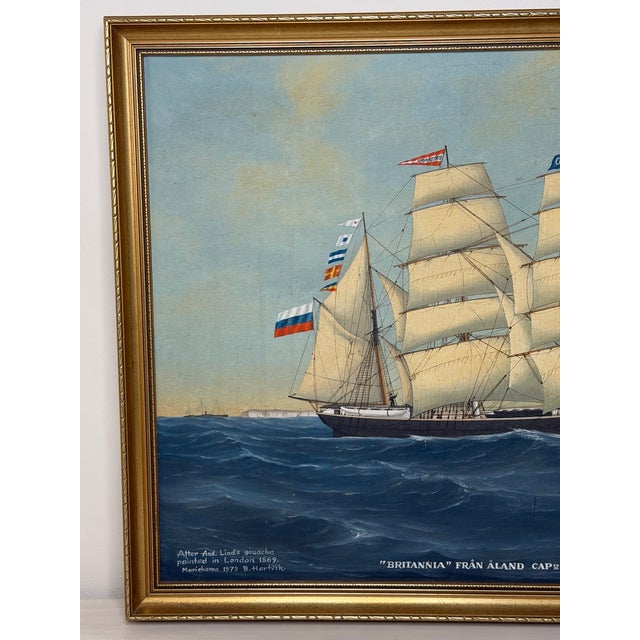 Wood Vintage Maritime Oil Painting of “Britannia of Åland” – Scandinavian Ship Portrait, Baltic Barque, Signed Hartvik After Lind For Sale - Image 7 of 18