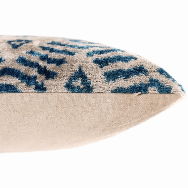 2020s Handmade Blue Ikat Silk Velvet Pillow 20x20 | Designer Accent Cushion For Sale - Image 5 of 8