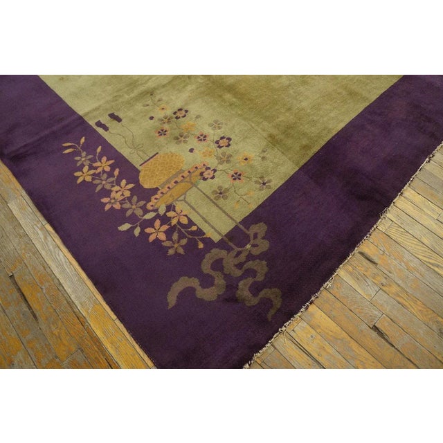 1920s 1920s Olive Green Floral Vase Antique Chinese Art Deco Carpet 9' X 12' Knotted Wool Rug For Sale - Image 5 of 11