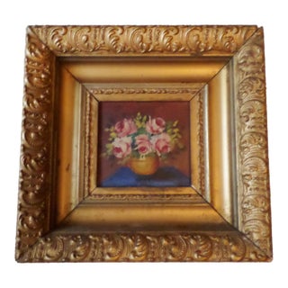Antique Flowers in Vase Oil on Board in Ornate Baroque Wood & Gesso Frame For Sale