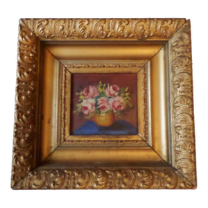 Antique Flowers in Vase Oil on Board in Ornate Baroque Wood & Gesso Frame
