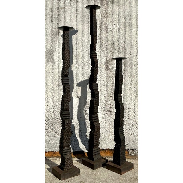 Rustic Vintage Boho Floor Candle Stands Trio For Sale - Image 3 of 5