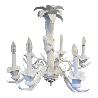 Vintage High Gloss White Tropical Monkey Palm Tree 6 Light Palm Beach Regency Chandelier For Sale