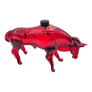 1990s Sculptural Red Glass Tequila Decanter in the Shape of a Charging Bull For Sale