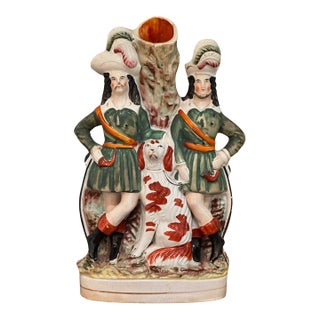 19th Century Staffordshire Spill Vase With Two Figures and a Dog For Sale
