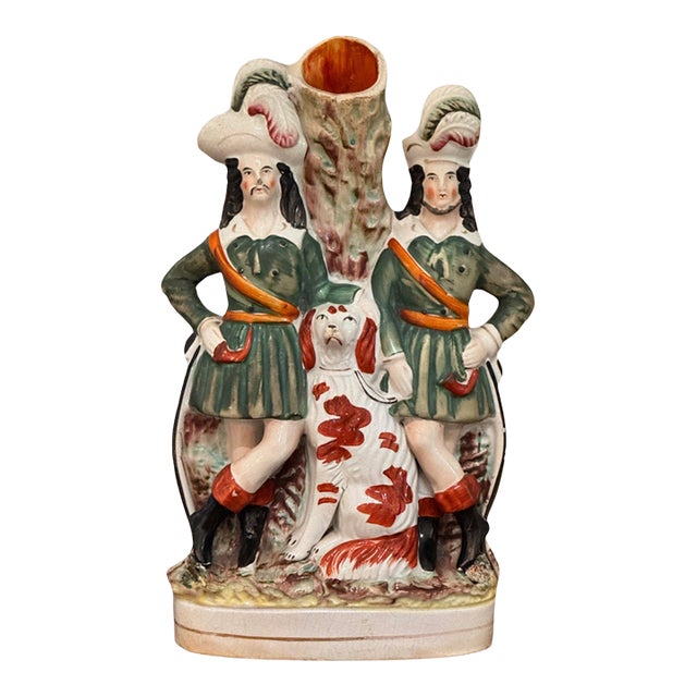 19th Century Staffordshire Spill Vase With Two Figures and a Dog For Sale
