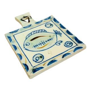 Hand Painted Ceramic Blue and White Fish Trivet For Sale