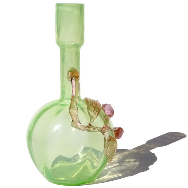 Glass Antique Uranium Reactive Glass Vaseline Art Glass Flower Vase With Applied Vine Leafs and Flower Buds For Sale - Image 7 of 11