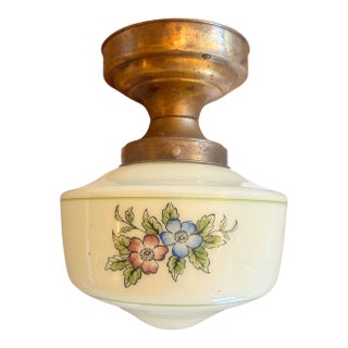 1920s Painted Botanical Glass Flushmount on Old Brass Holder For Sale