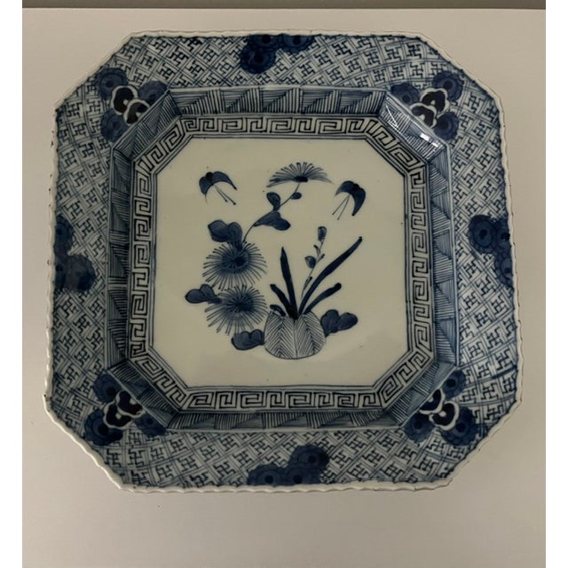Antique Japanese Blue and White Octagonal Plate With Floral Design For Sale - Image 11 of 18