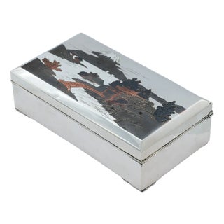 Japanese Silver Box with Inlaid Mixed Metal Panel, 1950s For Sale
