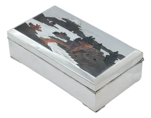 Japanese Silver Box with Inlaid Mixed Metal Panel, 1950s