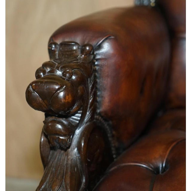 Brown Lion Hand Carved Brown Leather Chesterfield Sofa Armchair Suite, 1880s, Set of 4 For Sale - Image 8 of 18