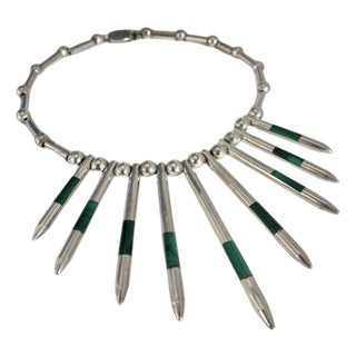 Taxco Sterling Silver + Malachite Modernist Necklace, Mexico 1970s For Sale