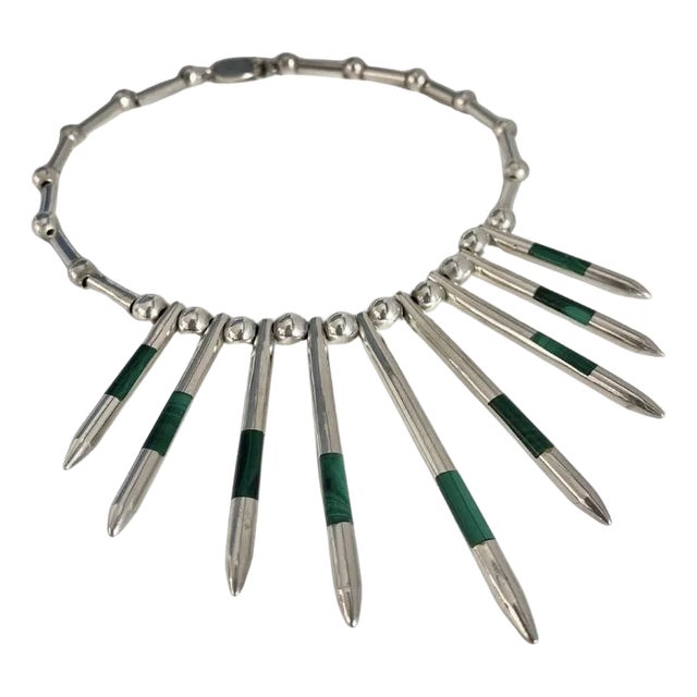 Taxco Sterling Silver + Malachite Modernist Necklace, Mexico 1970s For Sale