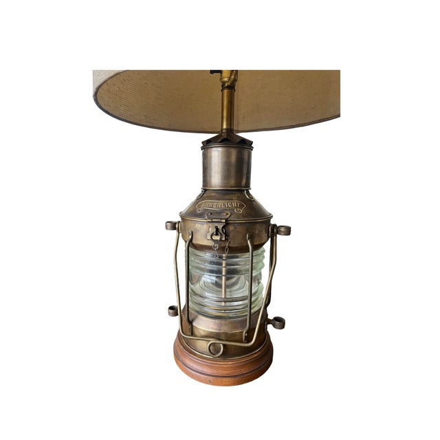 1960s Vintage Brass Oil Ship Ankerlicht Table Lamp With Shade Nautical Tiki For Sale - Image 5 of 11